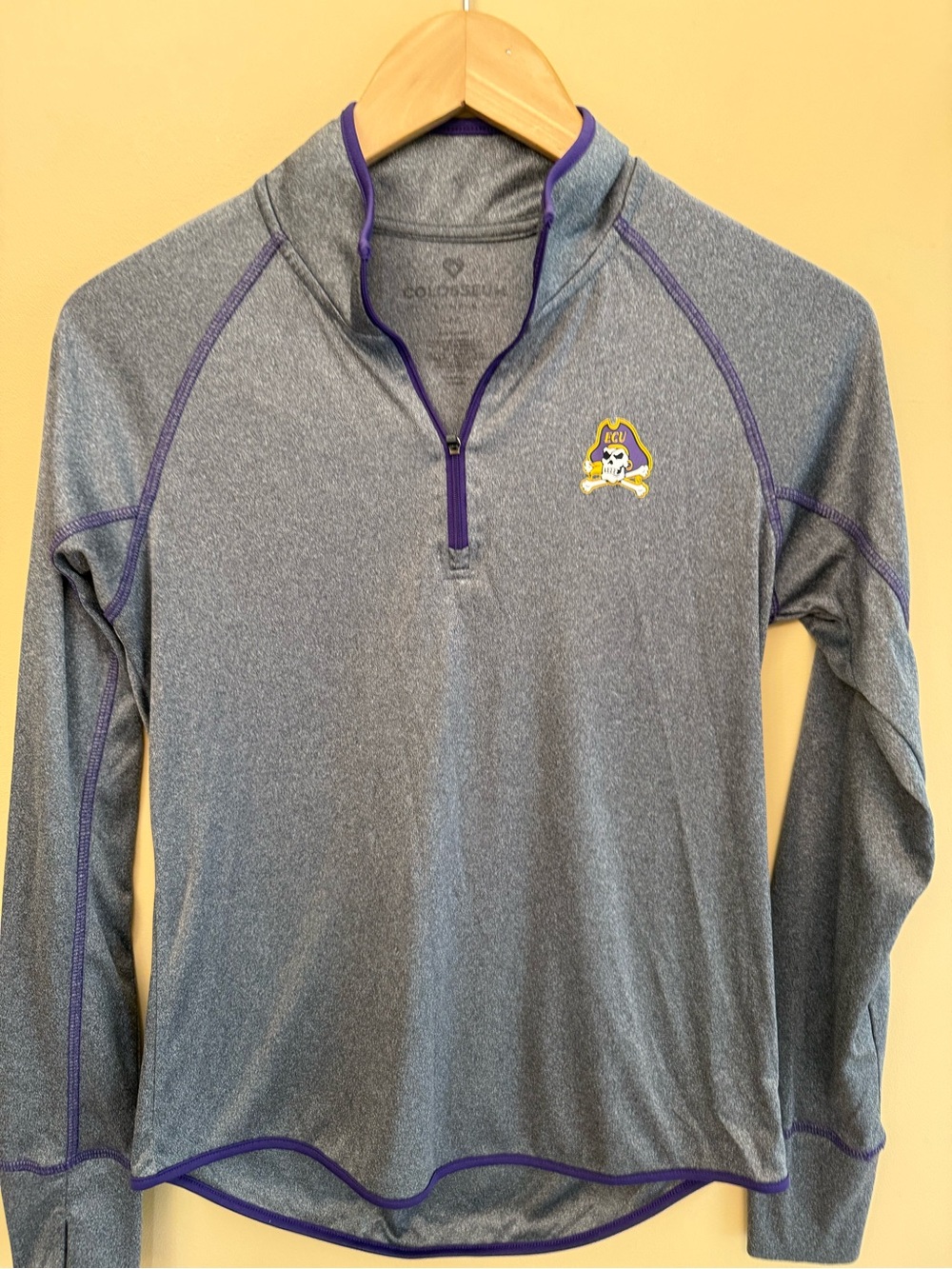 Colosseum Women's Gray Pullover V-Neck with Purple Trim and ECU Pirate Logo